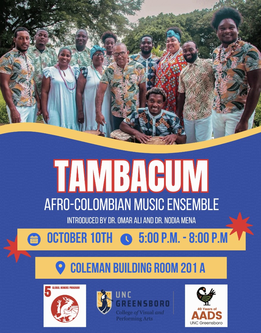 the Tambacum Afro-Colombian Music Ensemble, with promotional info about the October 2024 event hosted by AADS, Global Honors, and the College of Visual and Performing Arts.